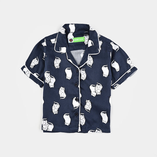 Infant Girls Viscose Night Suit-Cat - Blue