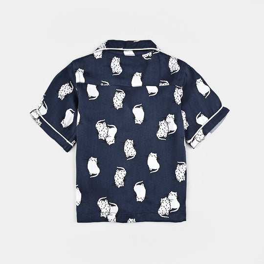 Infant Girls Viscose Night Suit-Cat - Blue