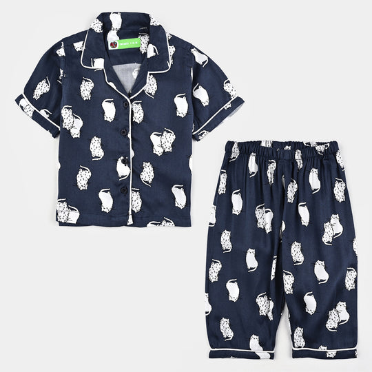 Infant Girls Viscose Night Suit-Cat - Blue