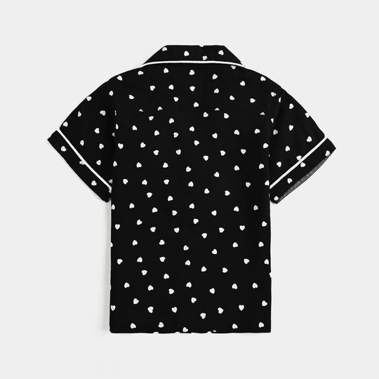 Infant Girls Viscose Night Suit-Hearts-BLACK