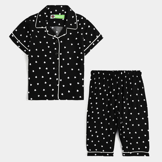 Infant Girls Viscose Night Suit-Hearts-BLACK