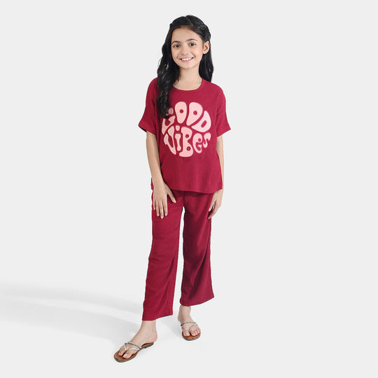 Girls Poly Crinkle 2 Piece Suit Good Vibes - MAROON