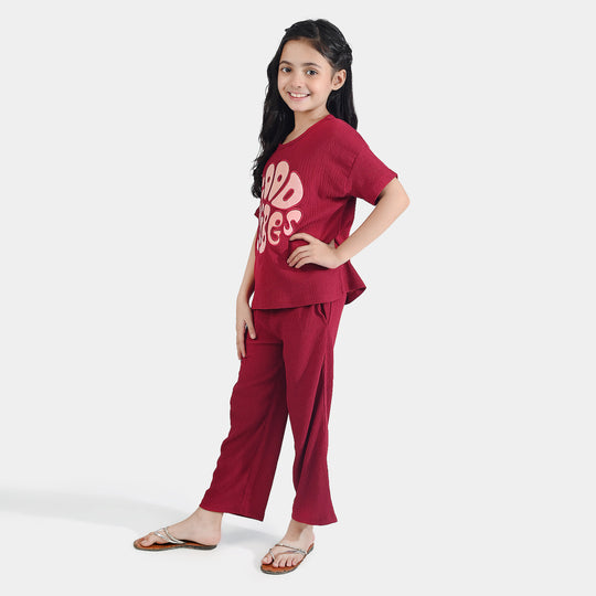 Girls Poly Crinkle 2 Piece Suit Good Vibes - MAROON