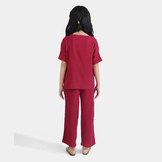 Girls Poly Crinkle 2 Piece Suit Good Vibes - MAROON