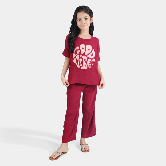 Girls Poly Crinkle 2 Piece Suit Good Vibes - MAROON