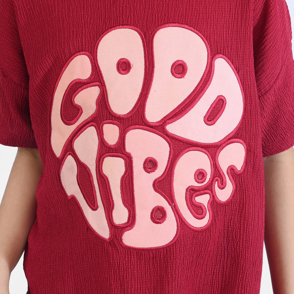 Girls Poly Crinkle 2 Piece Suit Good Vibes - MAROON