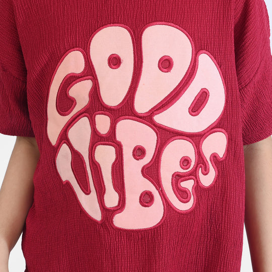 Girls Poly Crinkle 2 Piece Suit Good Vibes - MAROON