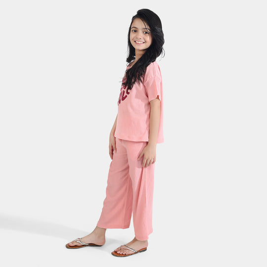 Girls Poly Crinkle 2 Piece Suit Great Full - Pink