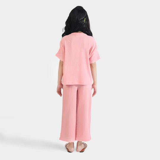 Girls Poly Crinkle 2 Piece Suit Great Full - Pink