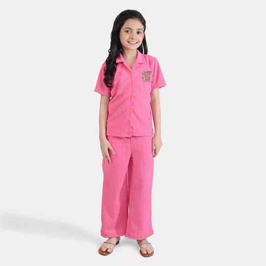 Girls Poly Crinkle 2 Piece Suit More Self Love - Pink