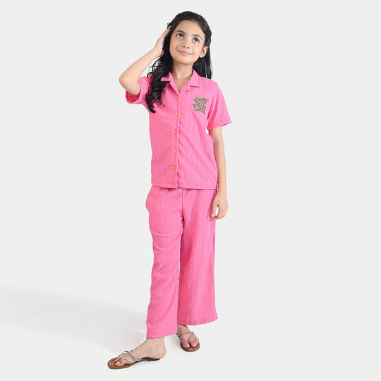 Girls Poly Crinkle 2 Piece Suit More Self Love - Pink