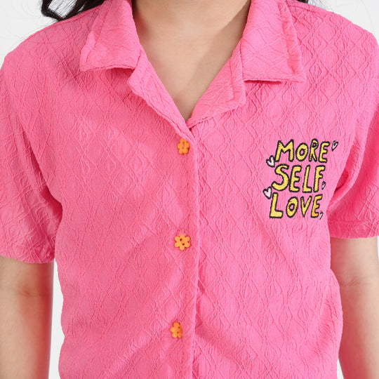 Girls Poly Crinkle 2 Piece Suit More Self Love - Pink