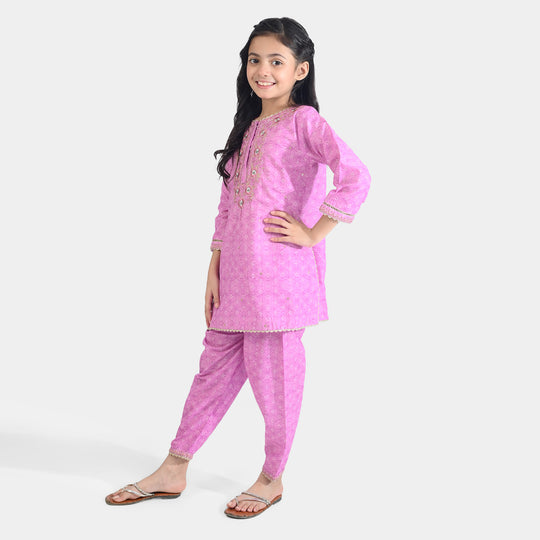 Girls Cotton Poplin Emb & Printed 2Pcs Chunri - Purple
