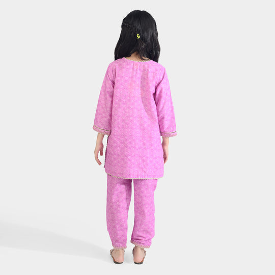 Girls Cotton Poplin Emb & Printed 2Pcs Chunri - Purple