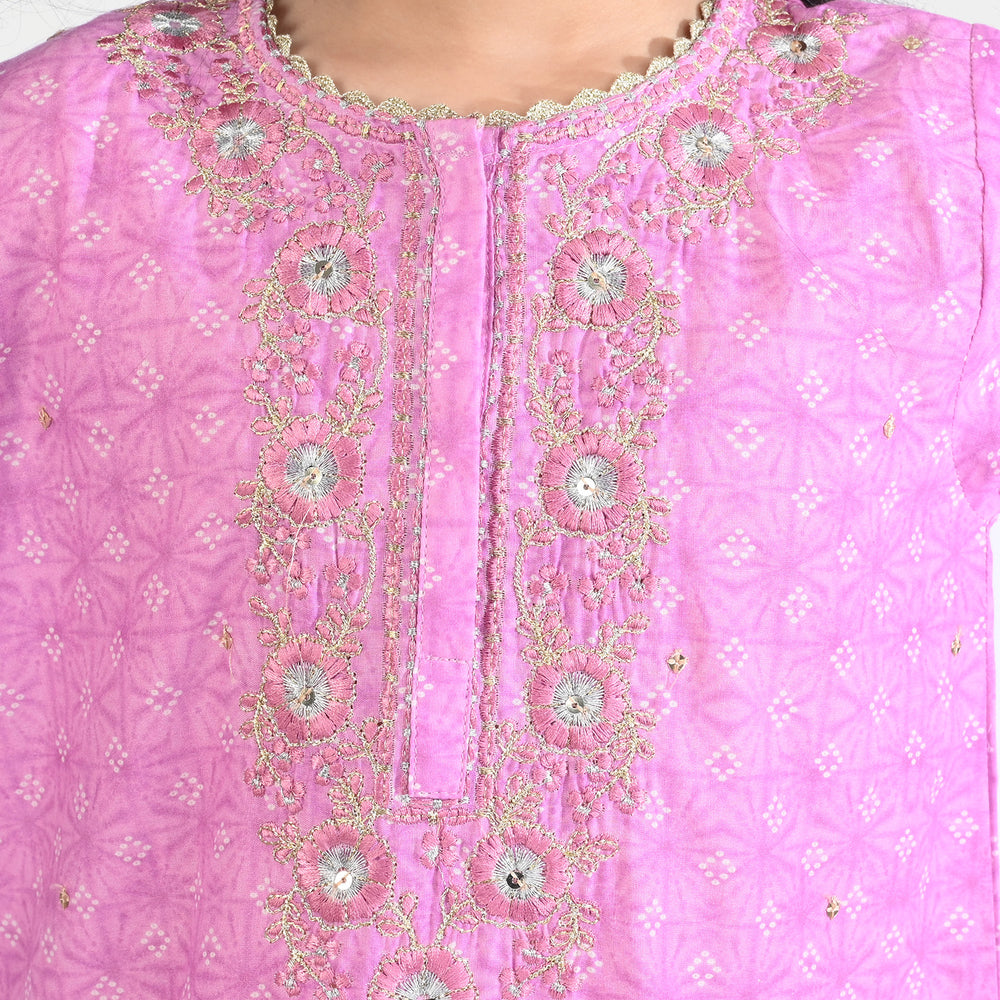 Girls Cotton Poplin Emb & Printed 2Pcs Chunri - Purple