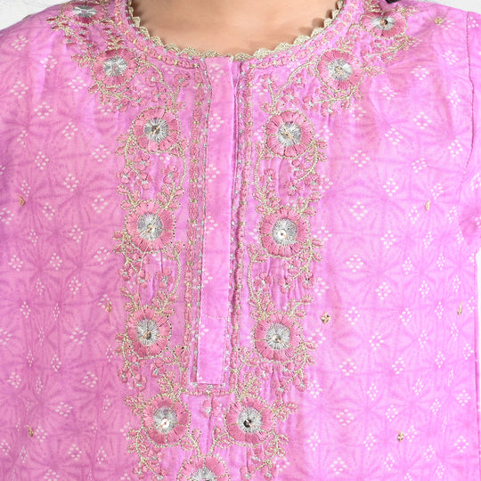 Girls Cotton Poplin Emb & Printed 2Pcs Chunri - Purple