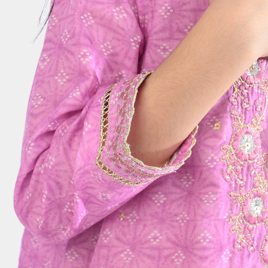 Girls Cotton Poplin Emb & Printed 2Pcs Chunri - Purple