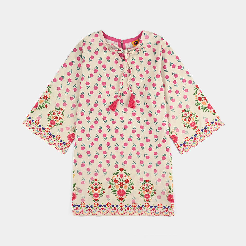 Girls Cotton Poplin Printed 2 Pcs Desi Flowers-Off.White