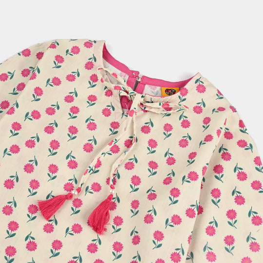 Girls Cotton Poplin Printed 2 Pcs Desi Flowers-Off.White