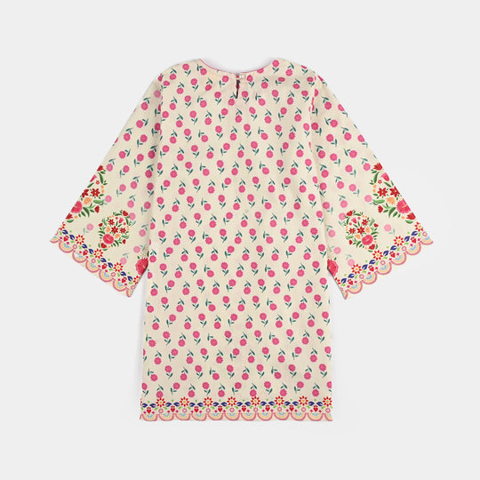 Girls Cotton Poplin Printed 2 Pcs Desi Flowers-Off.White