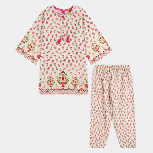 Girls Cotton Poplin Printed 2 Pcs Desi Flowers-Off.White
