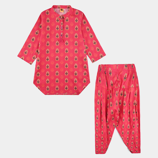 Girls Cotton Poplin Printed 2 Pcs Red Flowers-Red