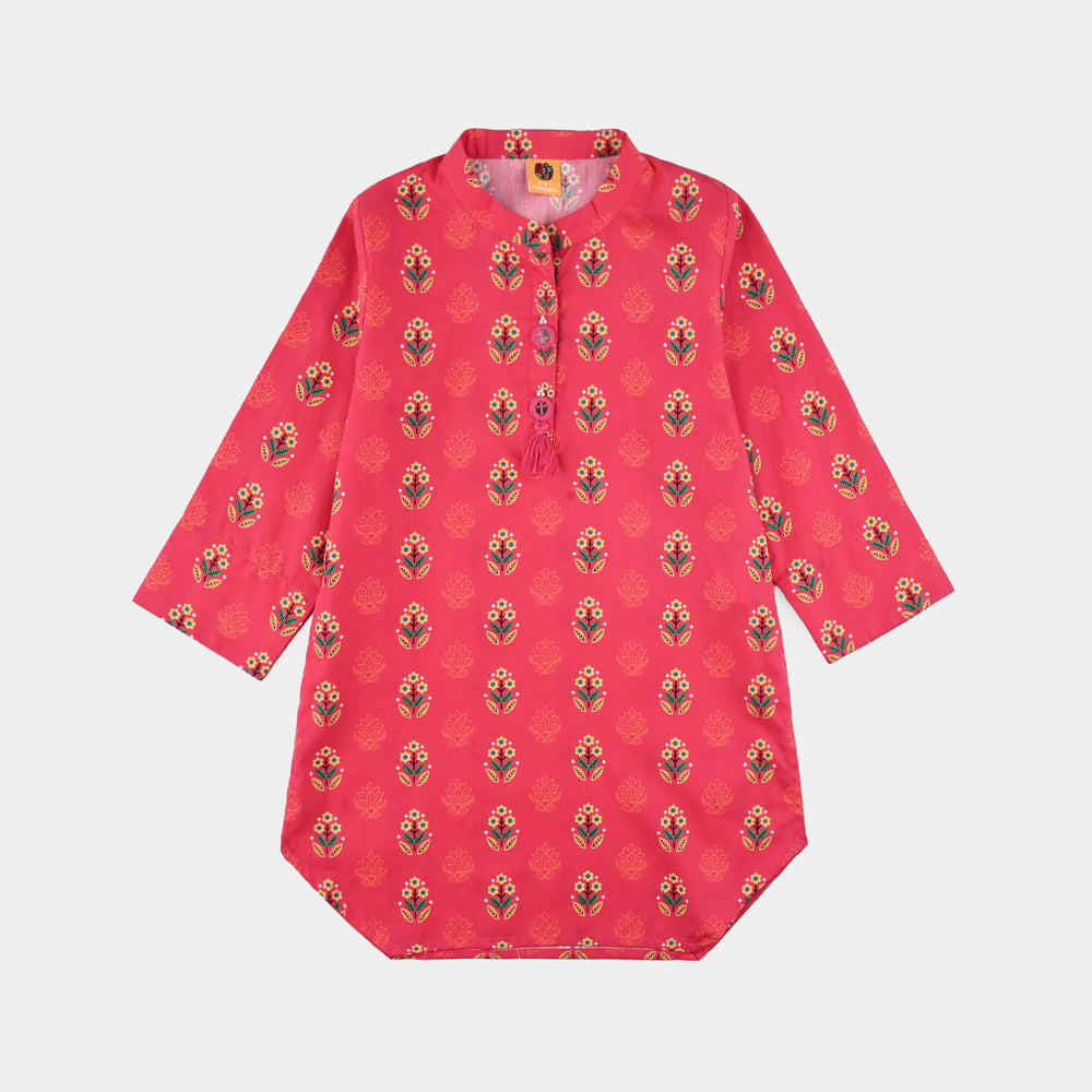 Girls Cotton Poplin Printed 2 Pcs Red Flowers-Red