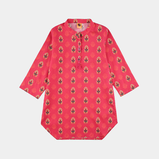 Girls Cotton Poplin Printed 2 Pcs Red Flowers-Red