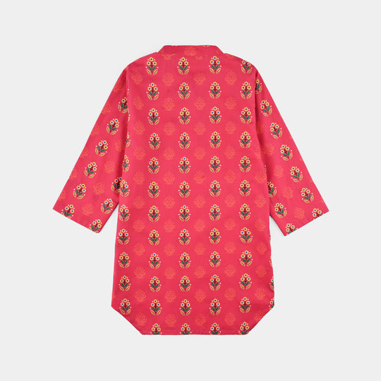 Girls Cotton Poplin Printed 2 Pcs Red Flowers-Red