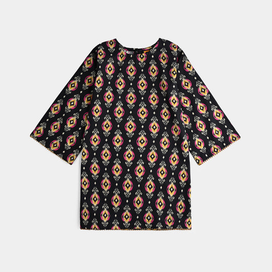 Girls Cotton Poplin Printed 3 Pcs Ikaat-BLACK