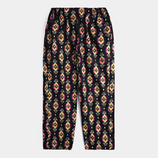 Girls Cotton Poplin Printed 3 Pcs Ikaat-BLACK