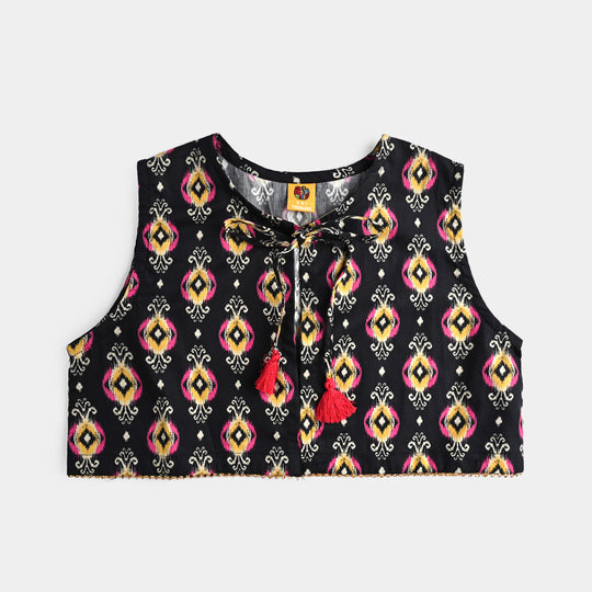 Girls Cotton Poplin Printed 3 Pcs Ikaat-BLACK