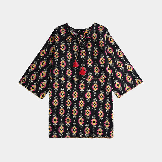 Girls Cotton Poplin Printed 3 Pcs Ikaat-BLACK