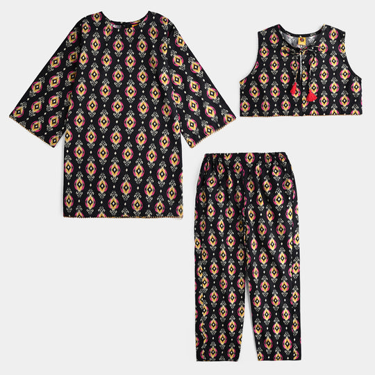 Girls Cotton Poplin Printed 3 Pcs Ikaat-BLACK