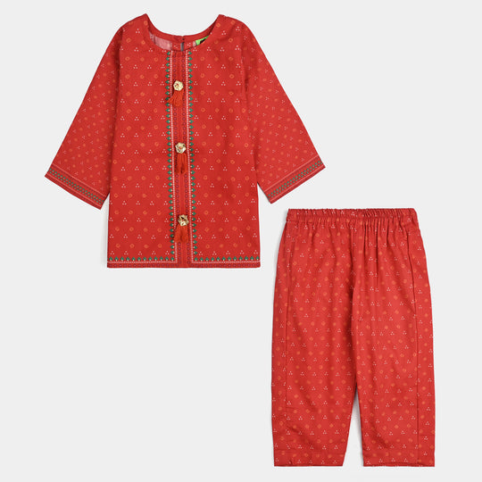 Infant Girls Cotton Poplin Printed 2 Pcs - B.Red