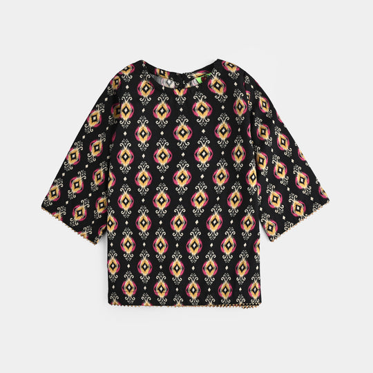 Infant Girls Cotton Poplin Printed 3 Pcs Ikaat-BLACK