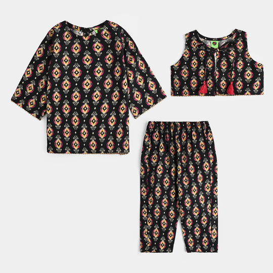 Infant Girls Cotton Poplin Printed 3 Pcs Ikaat-BLACK