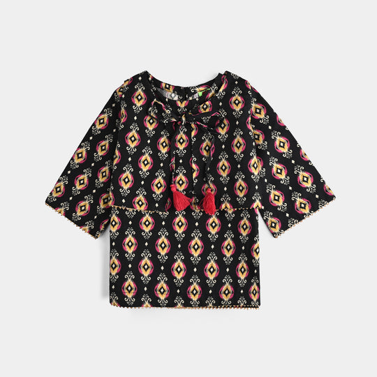 Infant Girls Cotton Poplin Printed 3 Pcs Ikaat-BLACK