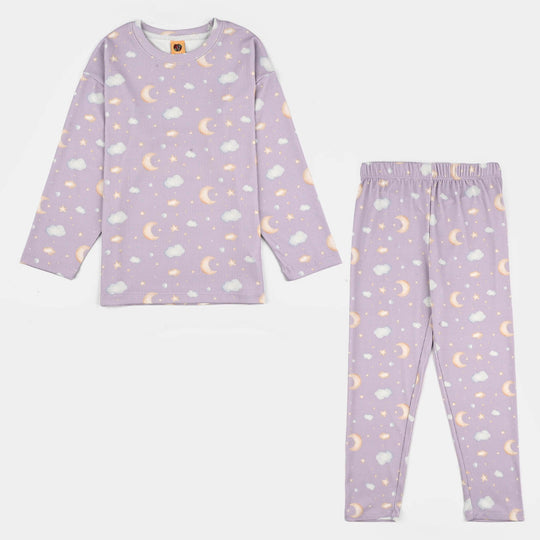Girls Jersey/Terry Night Suit Moon & Cloud-Purple