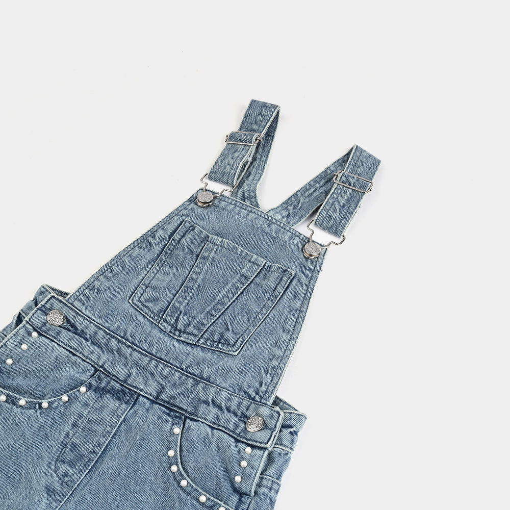 Girls Denim Stretch Dangri Pearls-Light Blue