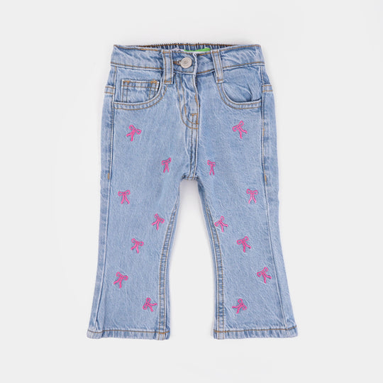 Infant Girls Denim Stretch Pant All Over Bow-Mid Blue