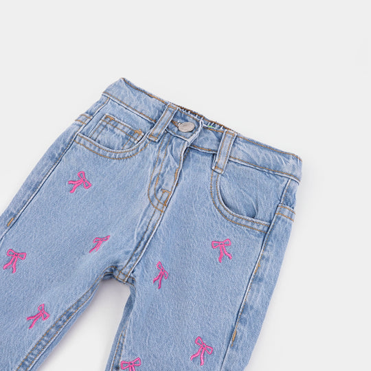 Infant Girls Denim Stretch Pant All Over Bow-Mid Blue