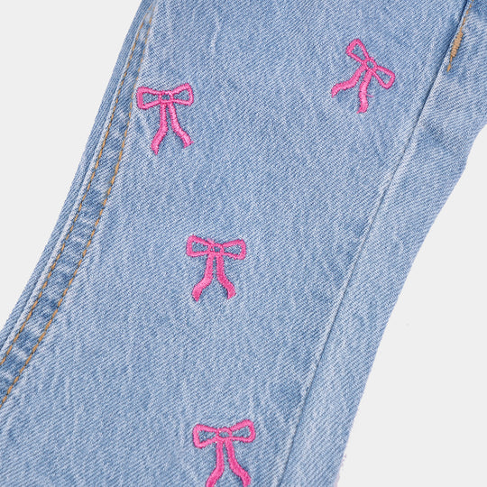 Infant Girls Denim Stretch Pant All Over Bow-Mid Blue