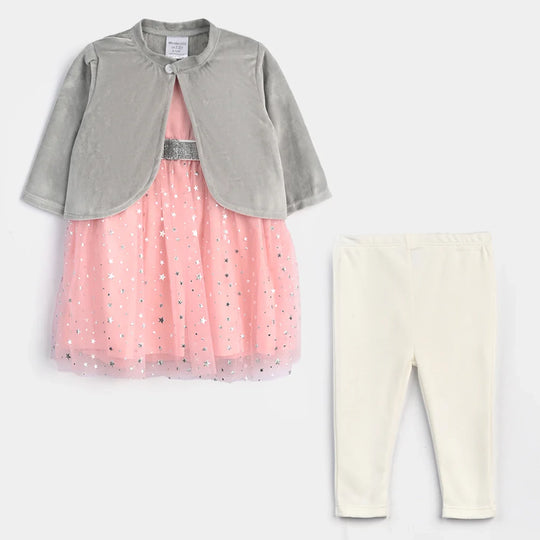 Infant Girls Cotton Interlock Frock Fancy-Grey/Pink
