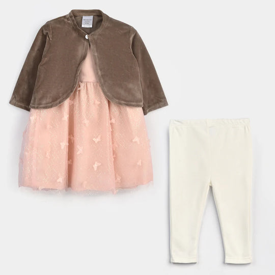 Infant Girls Frock Fancy Suit-Peach/Brown