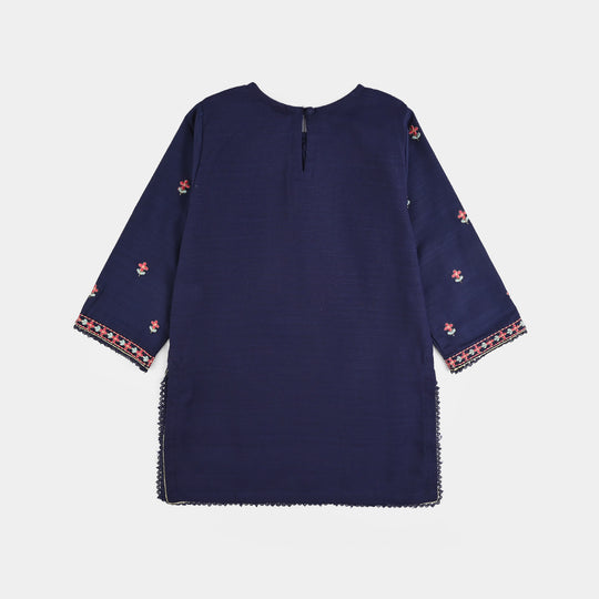 Girls Cotton Slub Emb 2Pcs Roshni-Navy Blue