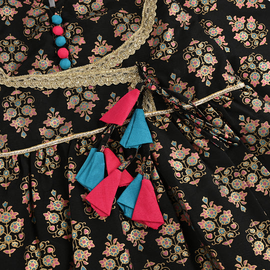 Girls Raw Silk 3Pcs (Gulzar-E-Noor) - Black