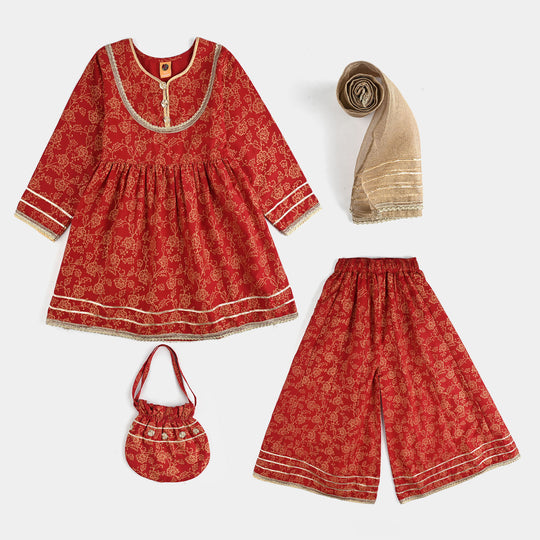 Girls Raw Silk 4PCs Mumtaz-Red