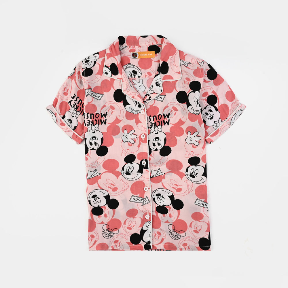 Girls Viscose Night Suit Printed-Pink