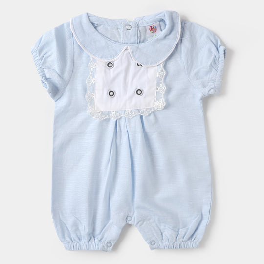 Infant Girls Woven Romper Lace Buttons - SKY BLUE
